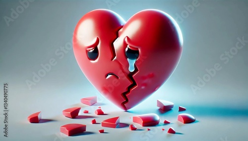 A glossy red broken heart with a sad face and tears, surrounded by shattered pieces. Symbol of heartbreak, love loss, sadness, and emotional pain. Perfect for relationship and emotional themes.