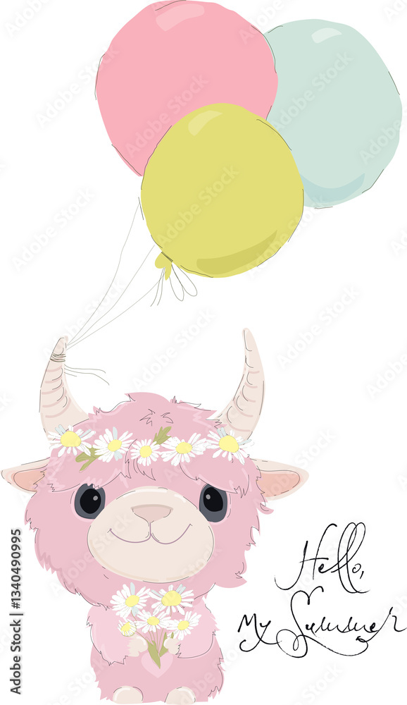 Cute Pink Bull with Color Balloons and Daisies. Vector Illustration for Birthday day