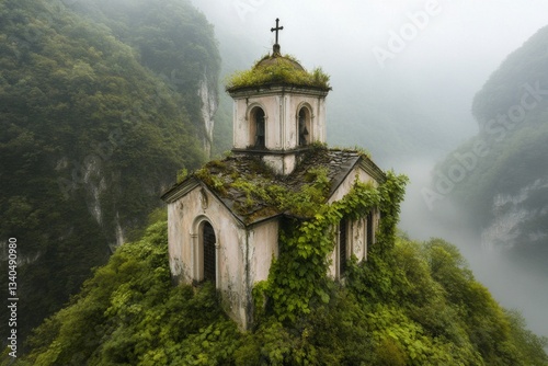 A hidden ancient church in a dense jungle, with vines and plants overtaking its structure