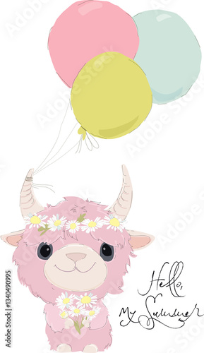 Obraz na płótnie Cute Pink Bull with Color Balloons and Daisies. Vector Illustration for Birthday day w salonie