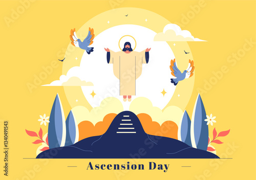 Ascension Day Vector Illustration Featuring the Assumption of Mary in Christian Tradition with the Feast of the Blessed Virgin and Doves in Heaven
