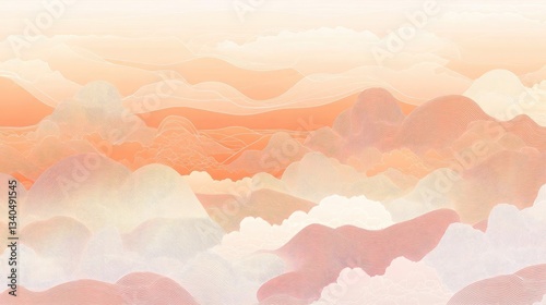 Pastel Orange and Pink Mountain Landscape at Sunset and Horizon Line With Soft Clouds and Hills and Mountain Peaks in Layers and Depth as Background With Calm and Serene Moods as Scenery for Home