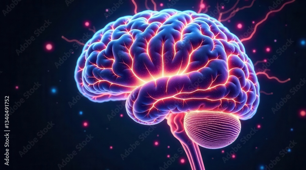 Obraz premium Illuminated Human Brain A Close-Up View of Neural Pathways and Energy Flow