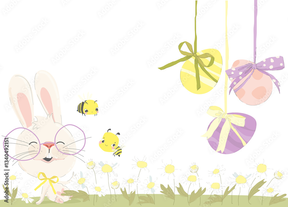Happy Easter Greeting Card with Cute Bunny. Vector Illustration