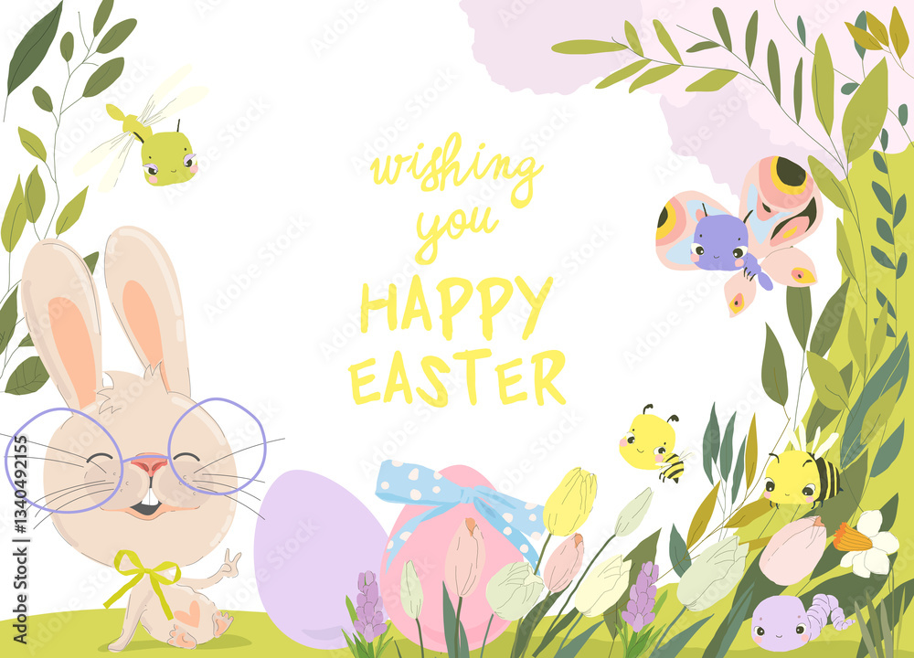 Happy Easter Greeting Card with Cute Bunny. Vector Illustration
