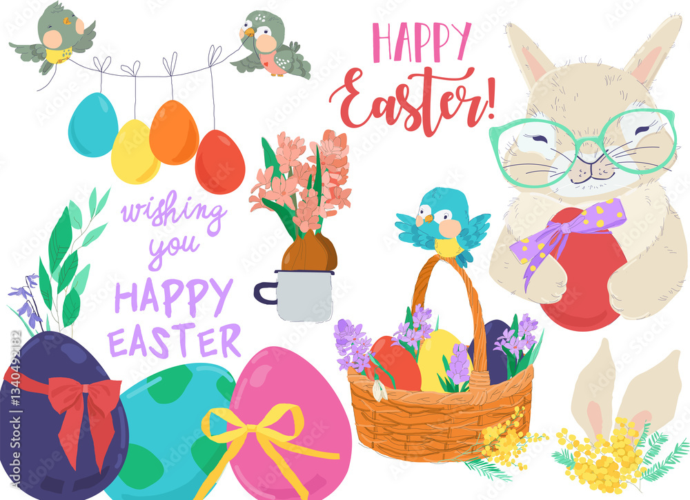 Happy Easter Set with Cute Bunny and Flowers. Vector Illustration