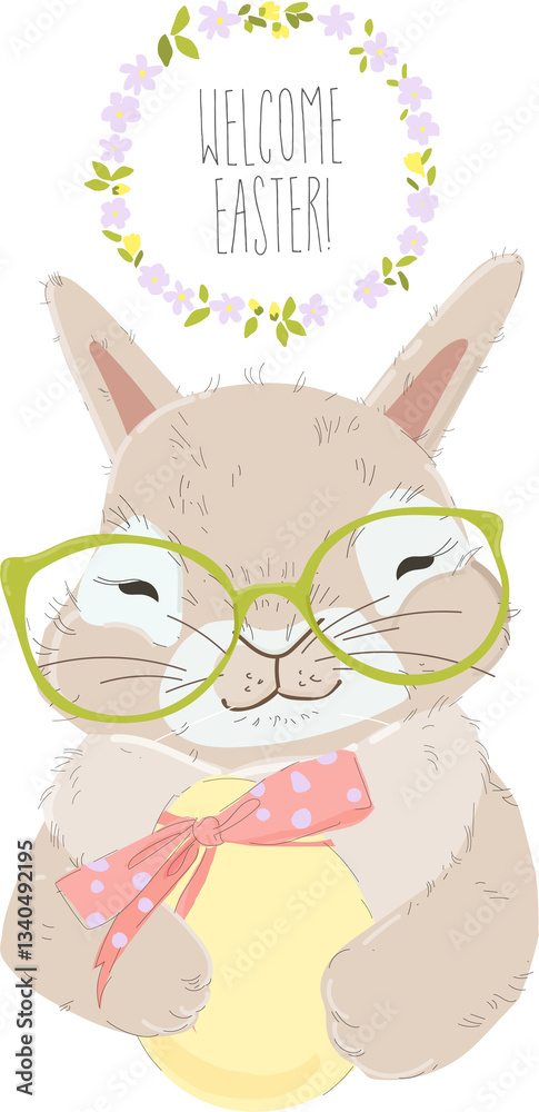Happy Easter Greeting Card with Cute Bunny. Vector Illustration