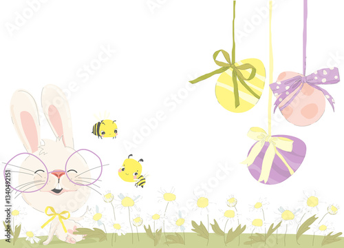 Obraz na płótnie Happy Easter Greeting Card with Cute Bunny. Vector Illustration w salonie