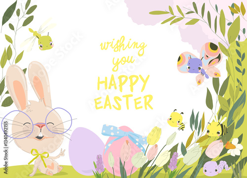 Obraz na płótnie Happy Easter Greeting Card with Cute Bunny. Vector Illustration w salonie