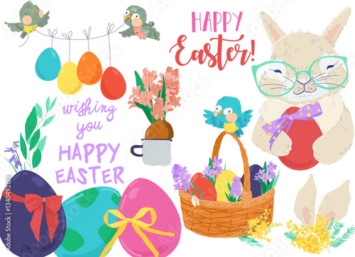Obraz na płótnie Happy Easter Set with Cute Bunny and Flowers. Vector Illustration w salonie