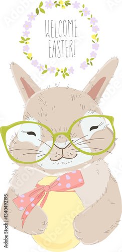 Obraz na płótnie Happy Easter Greeting Card with Cute Bunny. Vector Illustration w salonie