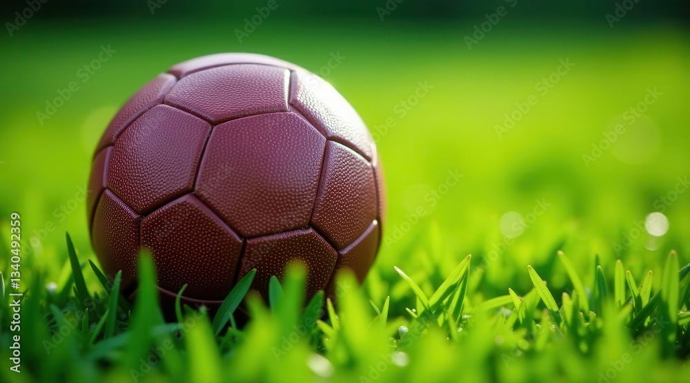 Fototapeta premium A maroon leather-textured sphere rests gently on a vibrant green lawn, bathed in soft sunlight.