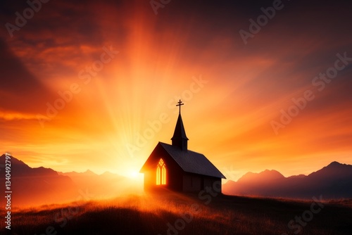 A minimalist illustration of an ancient church silhouette with a single cross on top, framed by a soft glow symbolizing its enduring presence