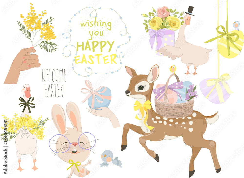 Happy Easter Set with Cute Easter Elements. Vector Collection