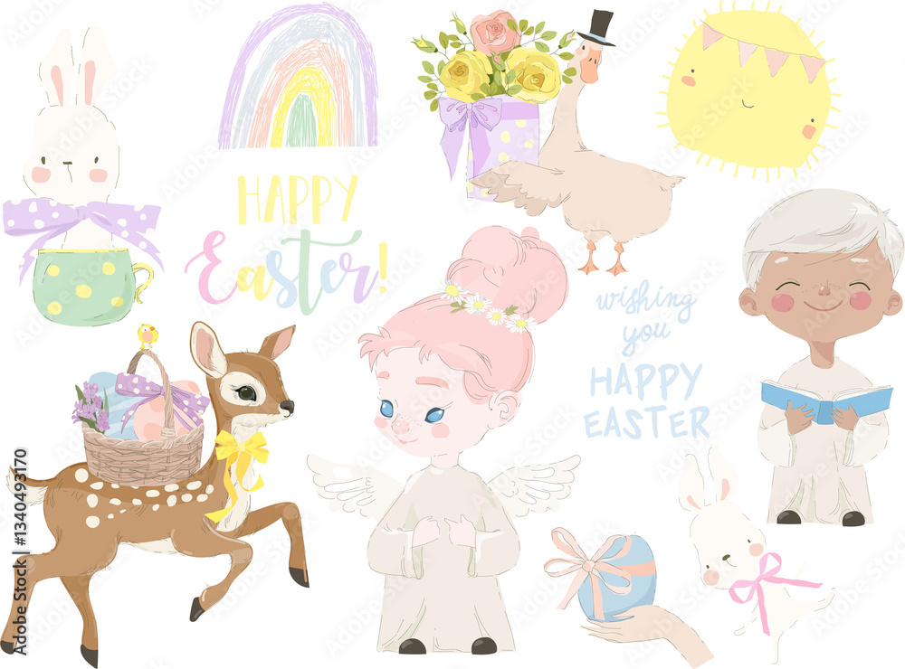 Happy Easter Set with Cute Angels and Easter Elements. Vector Collection