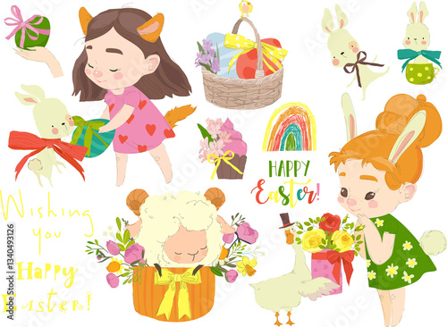 Happy Easter Set with Cute Girls and Easter Elements. Vector Collectionv