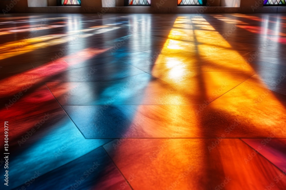 A modern stained glass window in abstract geometric shapes, casting vibrant rainbow hues on the floor of a contemporary church A modern stained glass window in abstract geometric shapes, casting vibrant rainbow hues on the floor of a contemporary church