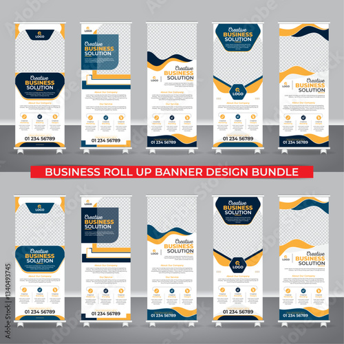 Business agency business pull up vertical display banner, luxury creative rollup bundle set, unique pull up banner template design. Modern x-banner and flag-banner vertical template, 5 set collection
