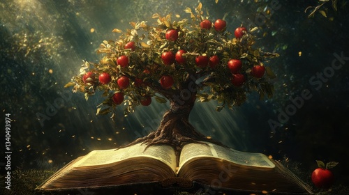 Digital painting of a tree with apples on it sitting on an open Bible representing the tree of the knowledge of good and evil from the book of Genesis.