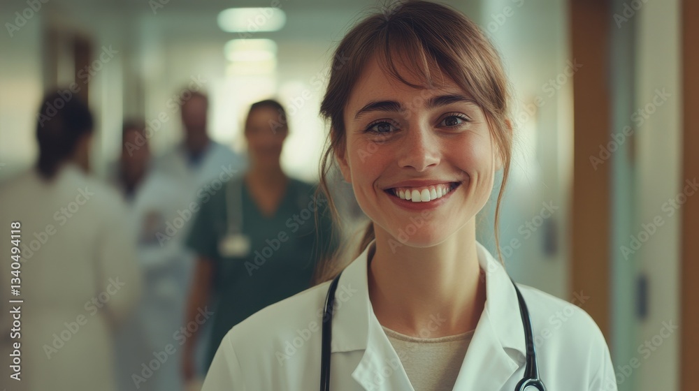 Young female doctor smiling while standing in a hospital corridor with a diverse group of staff in the background Young female doctor smiling while standing in a hospital corridor with a diverse group of staff in the background