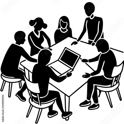 Silhouette of a team gathered around a large table, actively brainstorming and discussing ideas