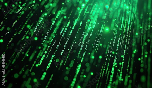 Digital code rain effect, dark background, glowing green