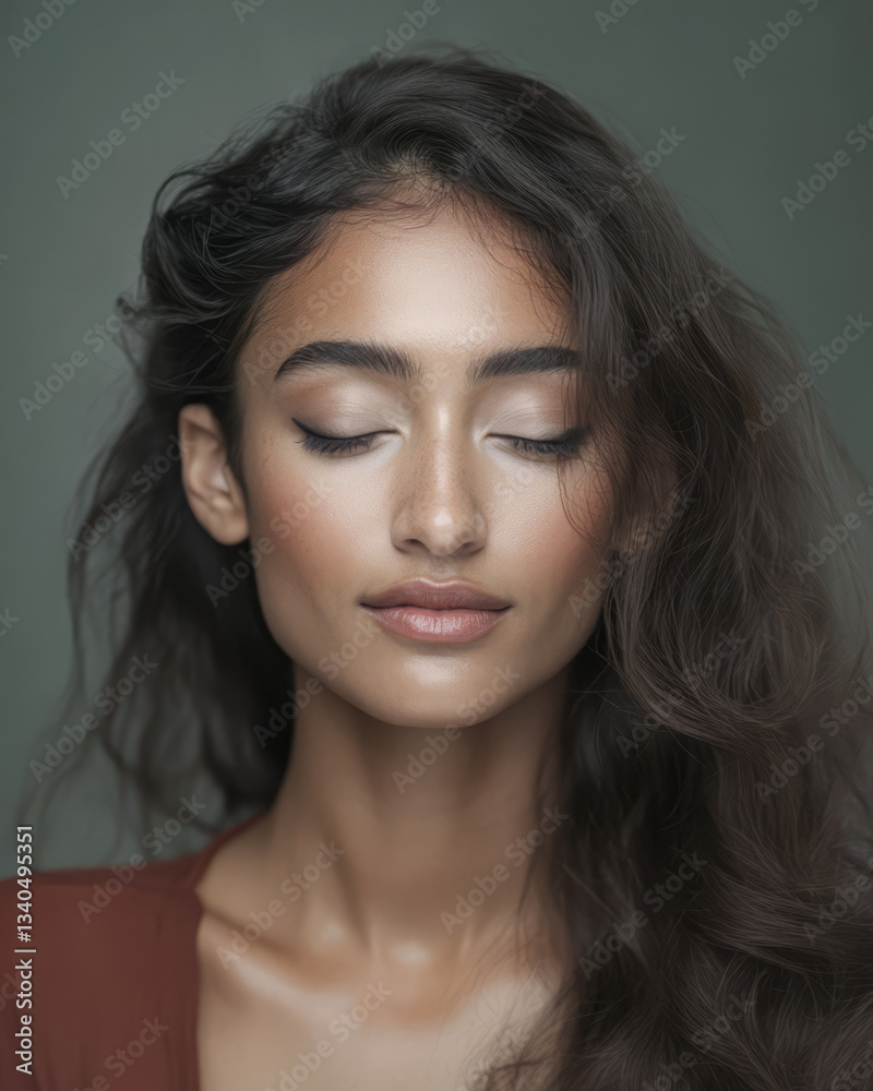 Naklejka premium Natural beauty portrait showcasing soft features and effortless elegance in muted tones