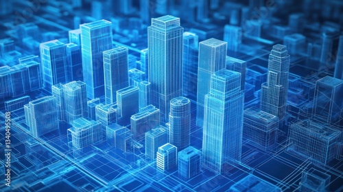 Abstract city model, futuristic, wireframe, digital design, 3D rendering, architecture visualization, for use in architectural presentation, design projects