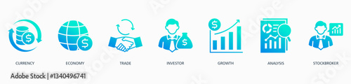 Forex banner web icon vector illustration concept with icon of currency, economy, trade, investor, growth, analysis and stockbroker 
 