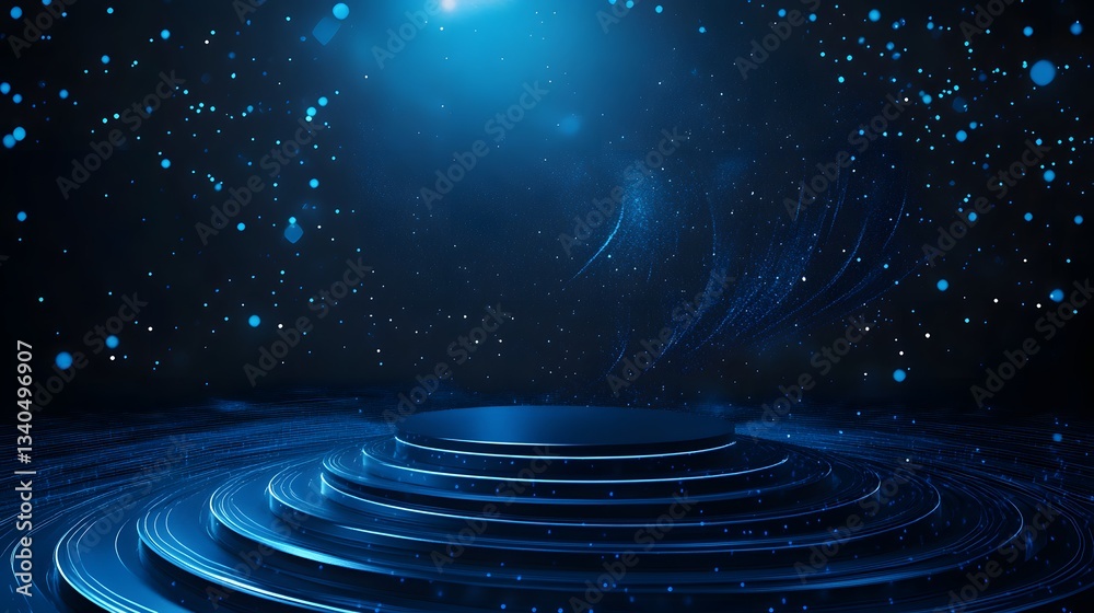 Fototapeta premium Futuristic stage with glowing particles and circular platforms