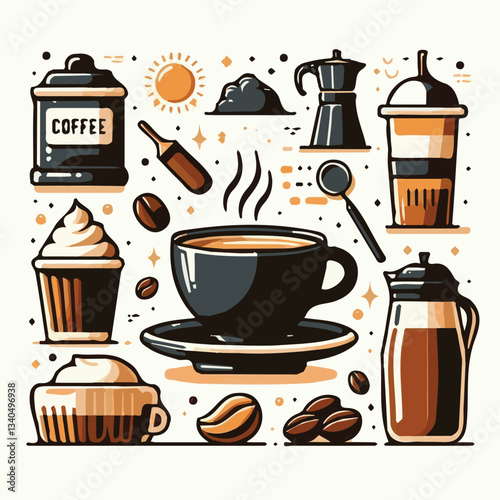 coffee, drink, cup, beverage, hot, morning, caffeine, espresso, cafe, background, black, breakfast, fresh, design, cappuccino, brown, mug, vector, white, mocha, isolated, aroma, set, latte, food, illu