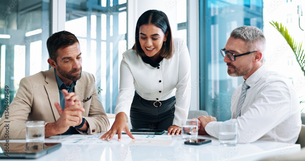 Discussion, financial portfolio or business people in meeting for teamwork, investment profit or paperwork. Online, research or budget analyst with economist for audit feedback, planning or project