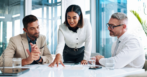 Obraz na płótnie Discussion, financial portfolio or business people in meeting for teamwork, investment profit or paperwork. Online, research or budget analyst with economist for audit feedback, planning or project w salonie