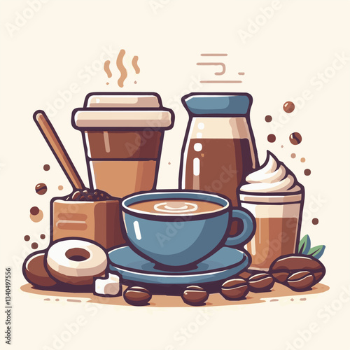 coffee, drink, cup, beverage, hot, morning, caffeine, espresso, cafe, background, black, breakfast, fresh, design, cappuccino, brown, mug, vector, white, mocha, isolated, aroma, set, latte, food, illu