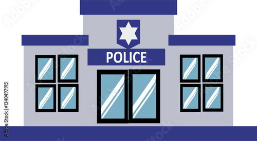 blue roof with windows and door of police station building building cartoon