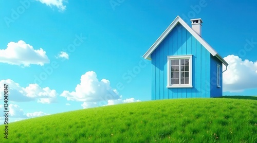 Wallpaper Mural A charming blue cottage nestled on a vibrant green hill under a bright summer sky Torontodigital.ca
