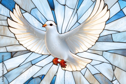 A simple representation of a dove in flight within a circular stained glass frame, rendered in muted blues and whites
