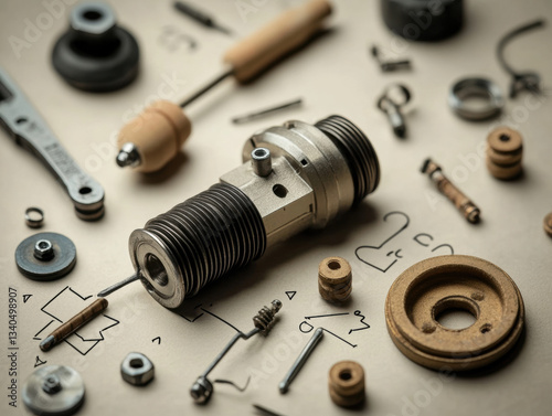 Vintage Camera, Old Radio, and Engineering Tools in an Industrial Setting with Business and Technology Elements photo