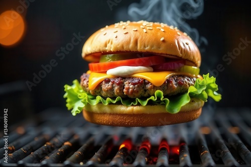 A juicy cheeseburger, layered with fresh vegetables and melted cheese, hovers above a glowing grill, ready to be devoured.