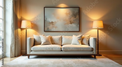 Serene Living Room with Soft Lighting and Abstract Artwork Accentuating a Comfortable Sofa
