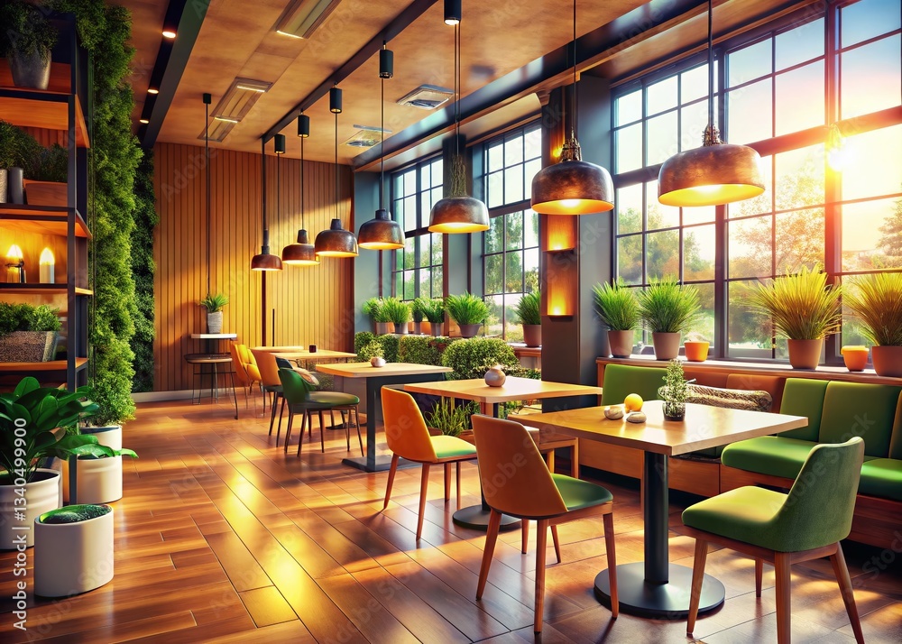 Fototapeta premium Modern Cafe Restaurant Interior Design, 3D Render, Cozy Atmosphere, Empty Tables, Copy Space