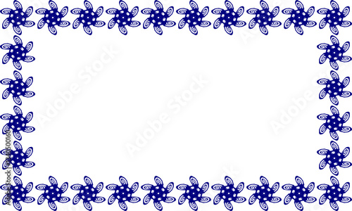 Blue floral frame for your design, flower frame ring, garland black and white line hand drawn in block line