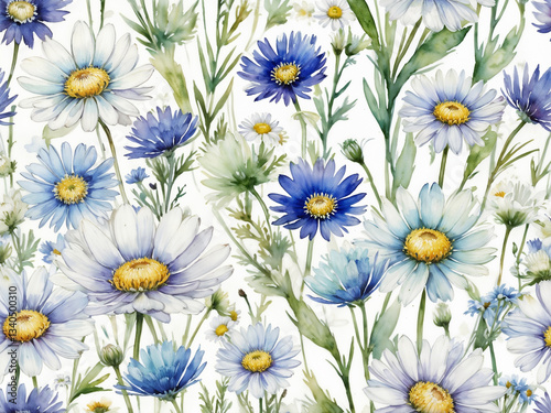 Abstract Flower Watercolor wildflowers pattern. Hand drawn cosmea, bluebells, blue cornflowers, chamomile and daisies on white background Botanical illustration with pastel photo