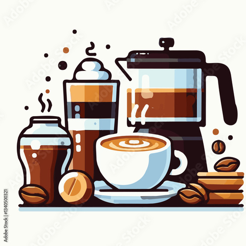coffee, drink, cup, beverage, hot, morning, caffeine, espresso, cafe, background, black, breakfast, fresh, design, cappuccino, brown, mug, vector, white, mocha, isolated, aroma, set, latte, food, illu