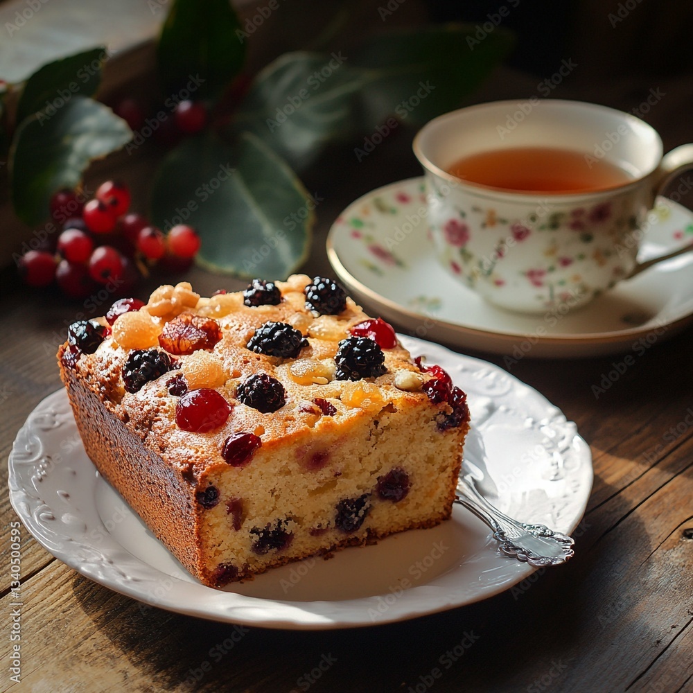 fruit cake served with coffee on the table.