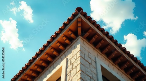 Architectural Corner Detail  Sunlit Brickwork and Terracotta Roofline Against a Blue Sky with Puffy Clouds