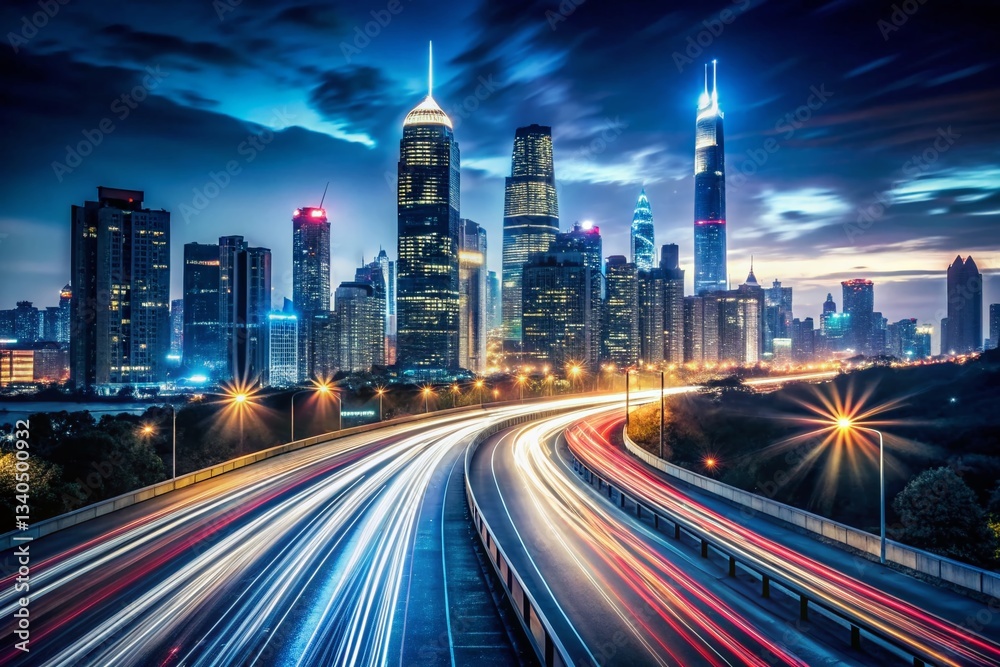 Fototapeta premium Modern City Skyline Silhouette Long Exposure Photography - Night Cityscape