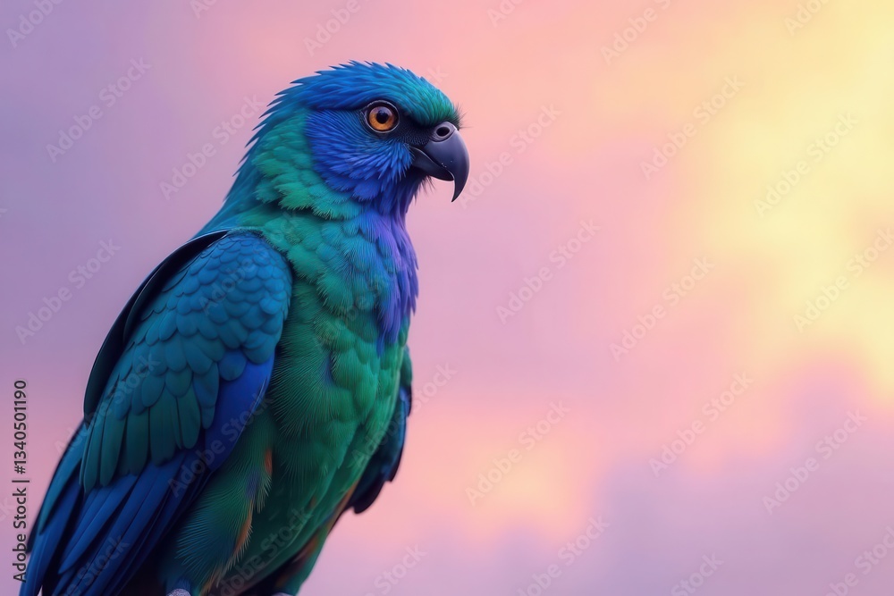 Obraz premium A Vivid Blue and Green Parrot Against a Soft Pastel Sunset Sky