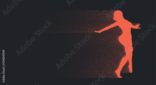 Elegant silhouette of a dancing woman with particles flow. Ideal for dance-themed designs, the image symbolizes the beauty and fluidity of dance. Perfect for artistic projects and dance promotions.