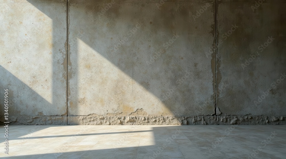 Sunlit Interior Room with Weathered Concrete Wall and Tiled Floor Sunlit Interior Room with Weathered Concrete Wall and Tiled Floor